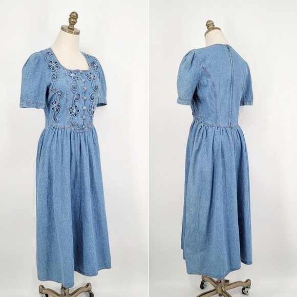 Vintage Denim Puff Sleeve Midi Dress Blue Jean Floral Bodice Western 90s Medium - Picture 1 of 13